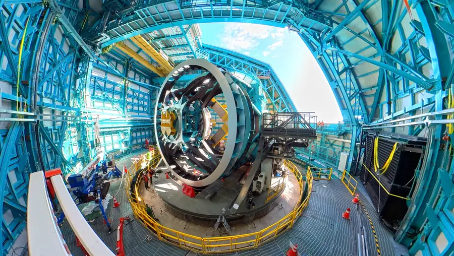 view of the telescope mount inside the dome of the Rubin Observatory