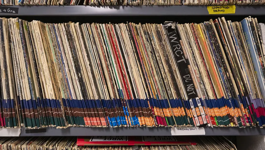 A shelf of records inside WRCT.