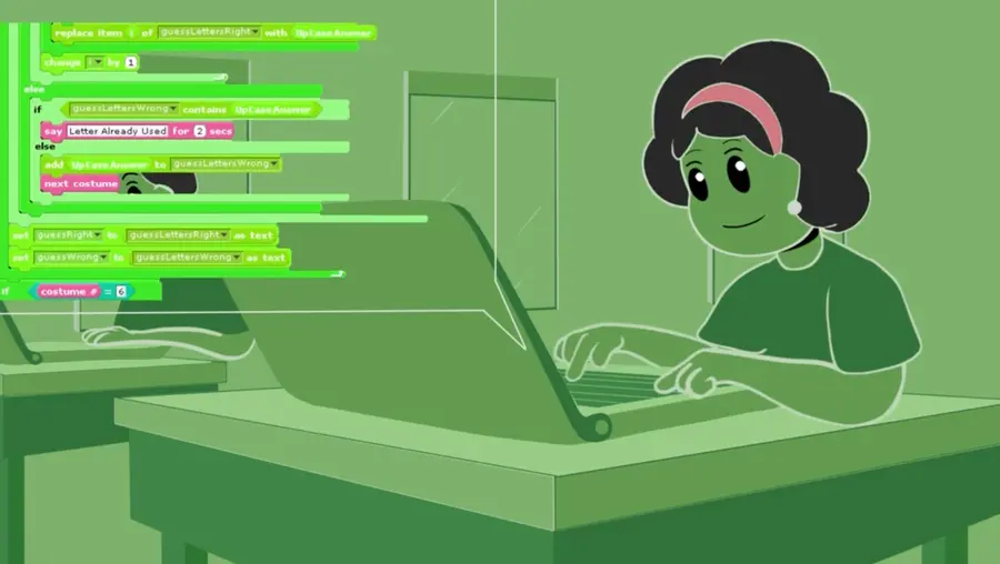 A graphic depicting a student coding.