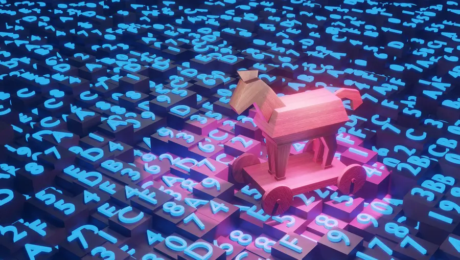 Trojan horse on top of blocks of hexadecimal programming codes. Illustration of the concept of online hacking, computer spyware, malware and ransomware. stock photo