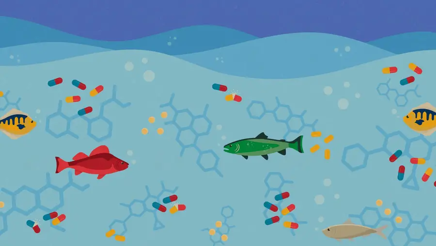Graphic of fish swimming in water with pharmaceutical pollution