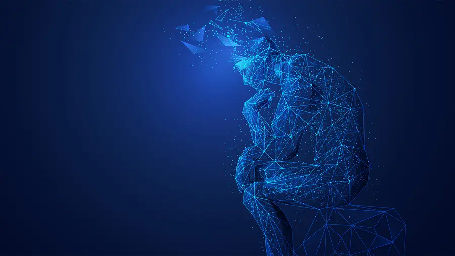 Connected blue lines forming the image of a person in a thinking posture.