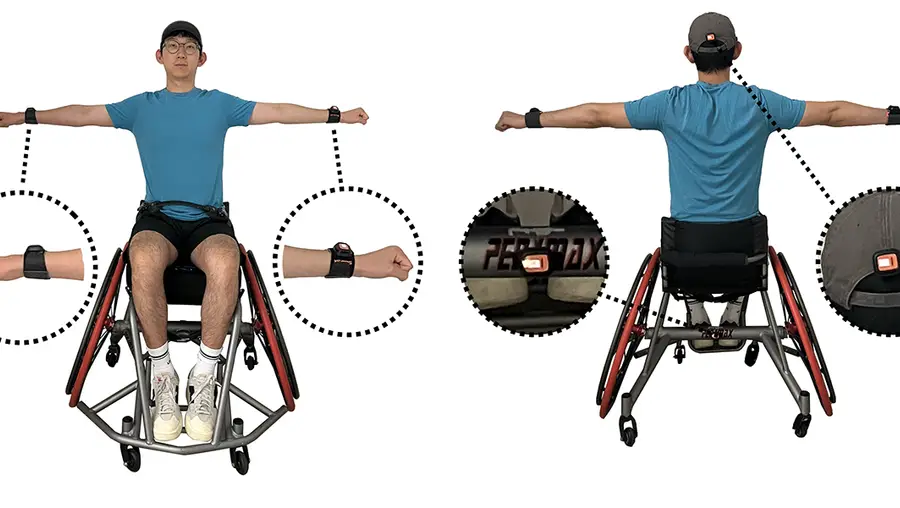 Graphic showing the four WheelPoser sensors on a person's forearms, head, and wheelchair.