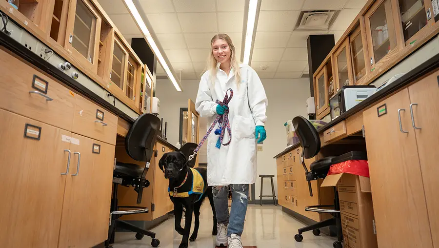 Kara Mathias works in the lab alongside a dog she is training to be a service animal.