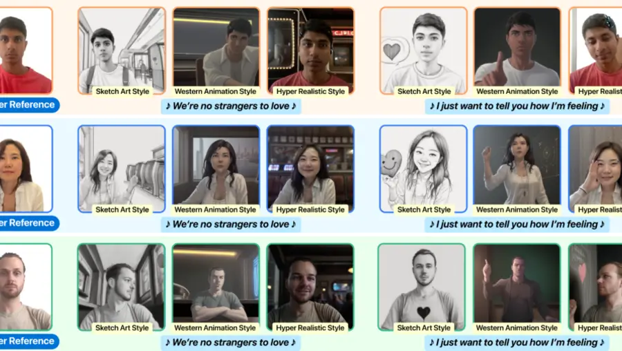 Three photos of people alongside stylized versions created by generative AI.