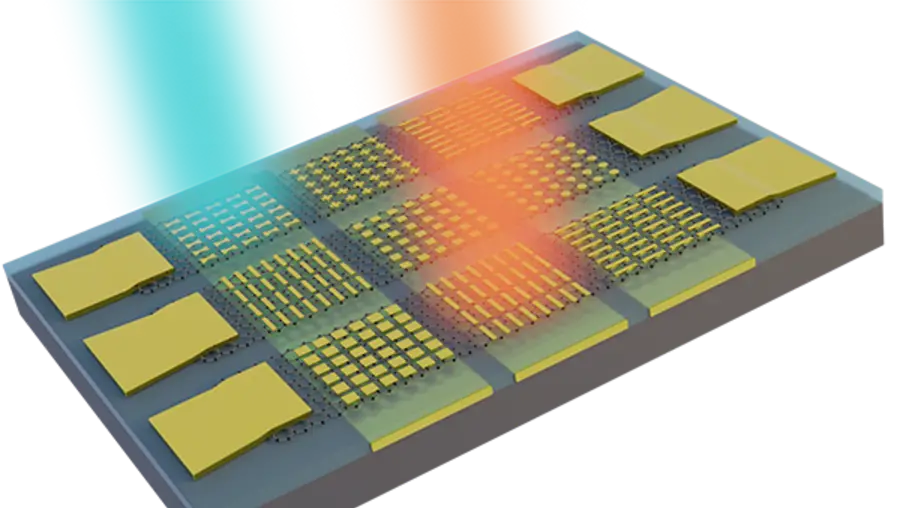 A rendering of an active metasurface, the electrical-programmable graphene field effect transistor. Pictured is a flat rectangle with small square pixels on it, with infrared waves aiming at two sets of pixels.