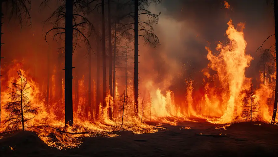 A large fire in the woods.
