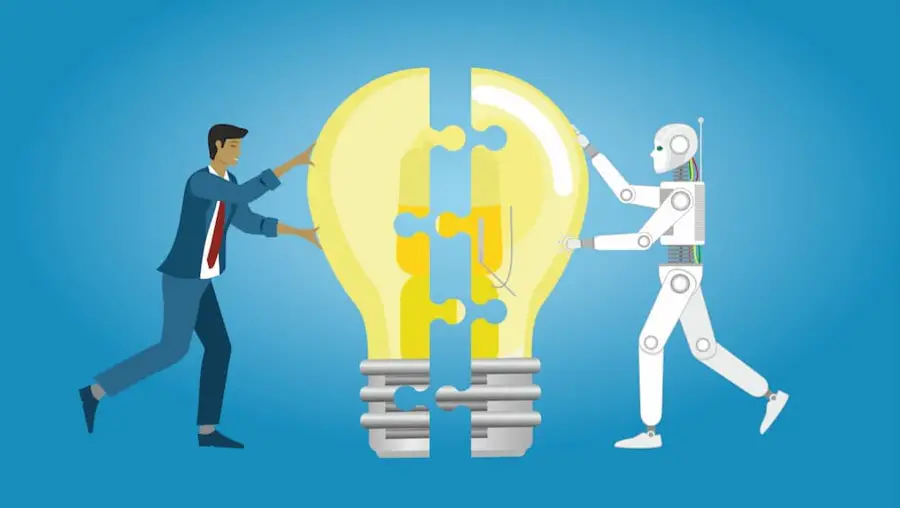 Graphic of a human and a humanoid robot putting together a lightbulb made of puzzle pieces