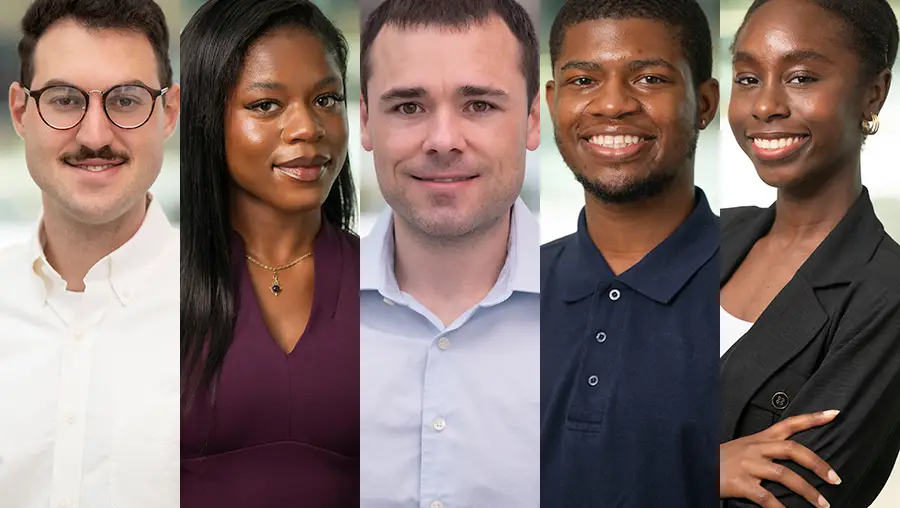 A vertical collage of five headshots of graduate students including three men and two women, all smiling and looking toward the camera