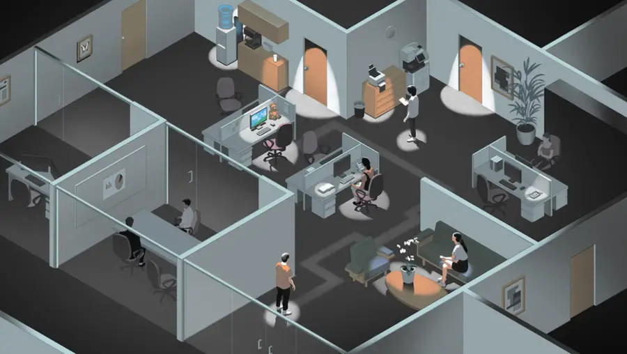 A rendering of an office area with cubicals.