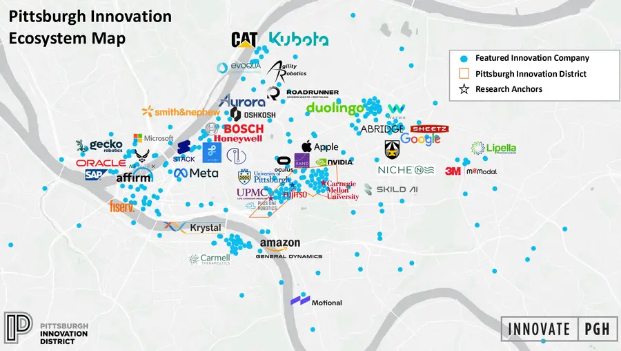 A map of Pittsburgh's Innovation Ecosystem displaying the various startups and companies throughout the city. 