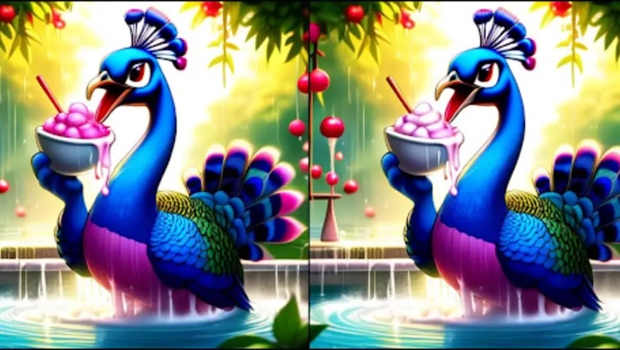 Two AI-generated images of a cartoon peacock eating a bowl of ice cream.