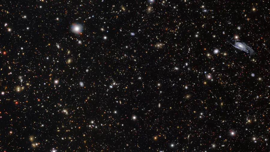 The supernova progenitor appears as a bright blue dot within the galaxy located in the middle of the upper third at the center of this image. 