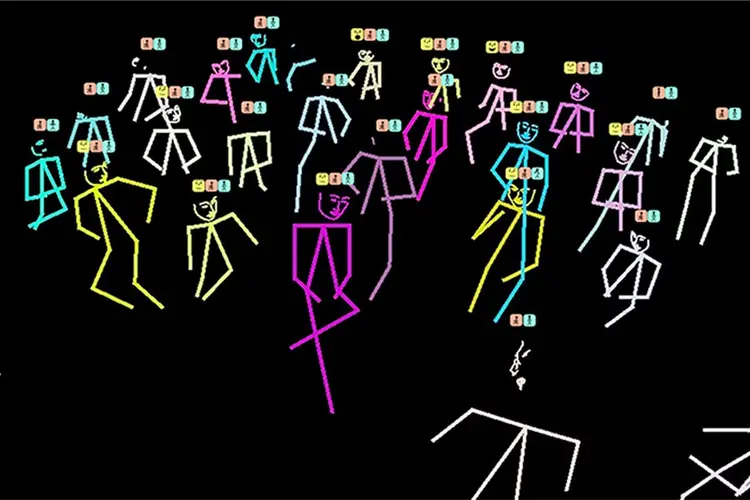 Brightly colored stick figures with icons above their heads on a black background.