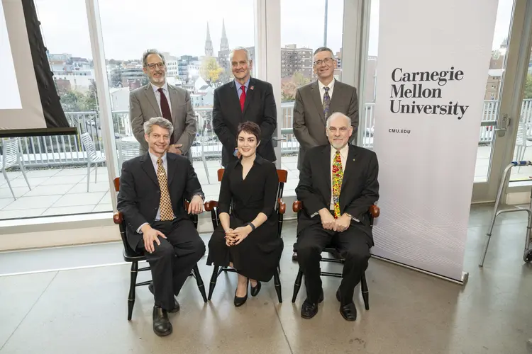 Front row, left to right: Alex John London, Hoda Heidari and Brad Myers. Top row, left to right: Richard Scheines, Martial Hebert and Jim Garrett.