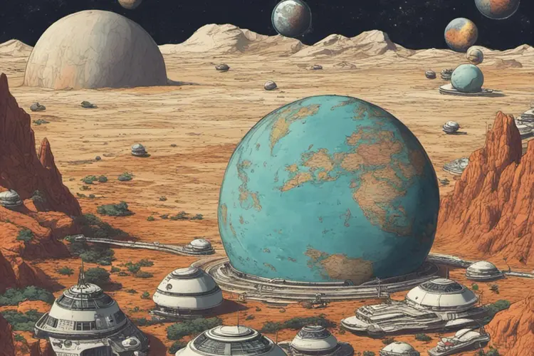 AI generated image of Earth embedded in the surface of another planet, buildings and roads surrounding it, with space and other planets in the background. 