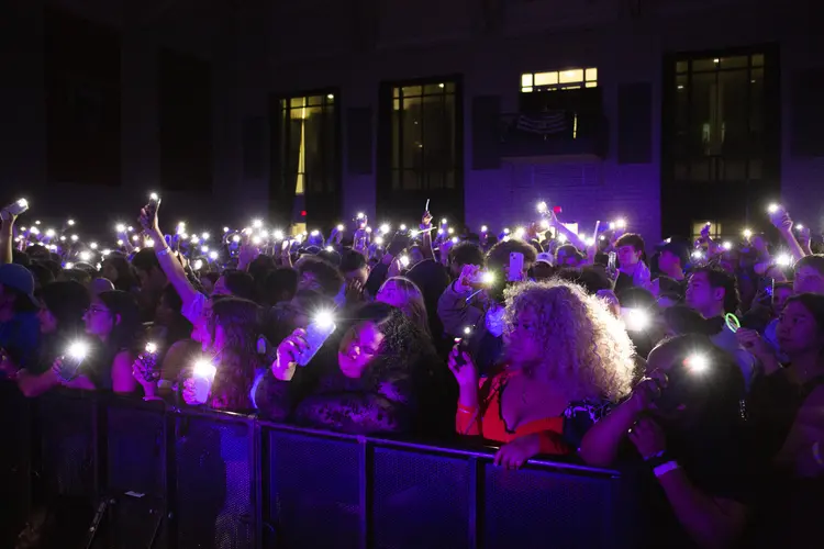 Crowd holding up lights at a Carnival concert.