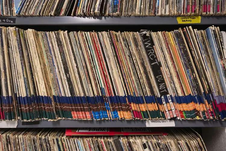 A shelf of records inside WRCT.