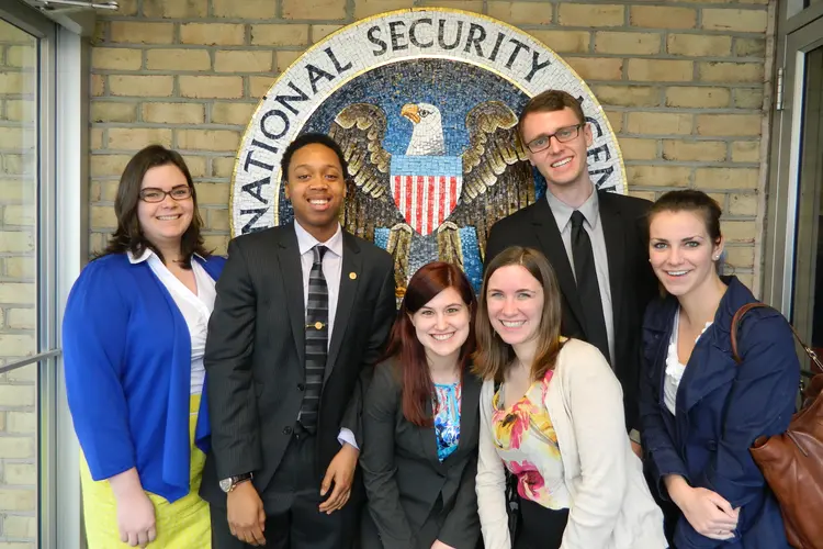 Group of six students in Baker Hall