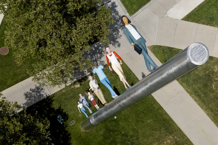 view of Walking to the Sky sculpture from drone above it