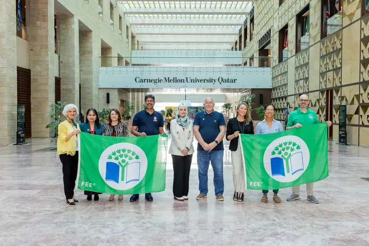 This photo includes, from left to right: CMU-Q's Elissar Hajjar, Rosemarie Florida, and Reya Saliba; FEE's Pramod Kumar Sharma; Earthna's Ruba Hinnawi; CMU-Q's Stephen Heath, Jennifer Bruder, Angela Ng, and Simon Faulkner.
