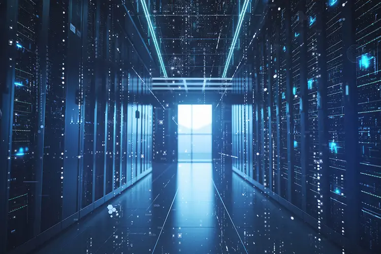 Data center with servers lined up inside
