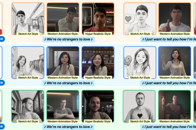 Three photos of people alongside stylized versions created by generative AI.