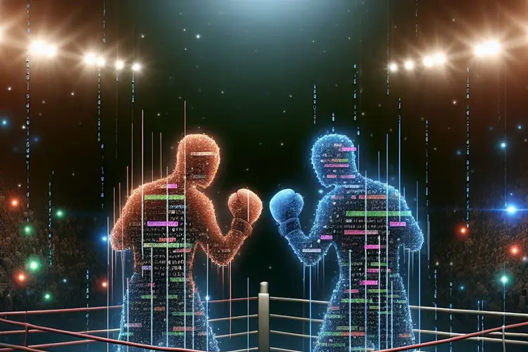 Two boxers made up of computer code stand ready to fight in a boxing ring