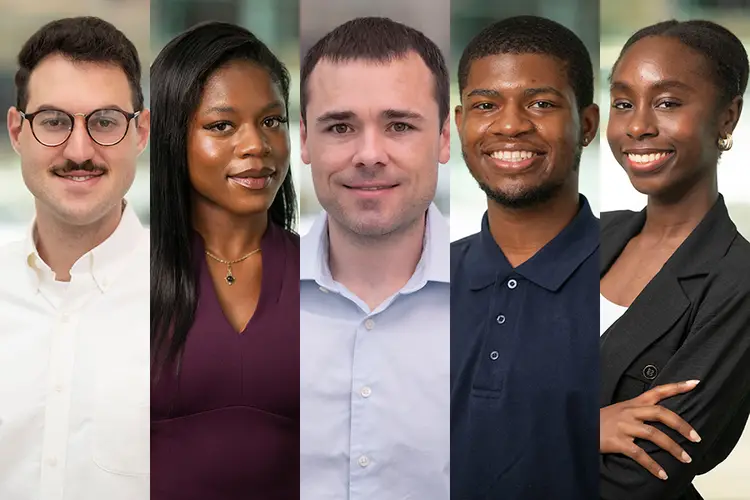 A vertical collage of five headshots of graduate students including three men and two women, all smiling and looking toward the camera
