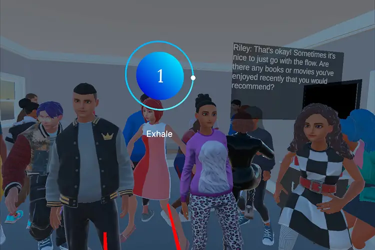 Virtual reality rendering of a party with multiple people and text on the screen prompting a breathing exercise.