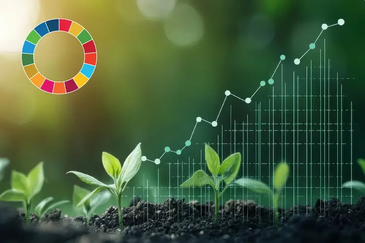 Plants growing out of dirt, with a rising graph line overlaid as well as a colored circle representing the SDGs.