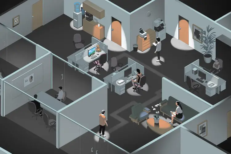 A rendering of an office area with cubicals.