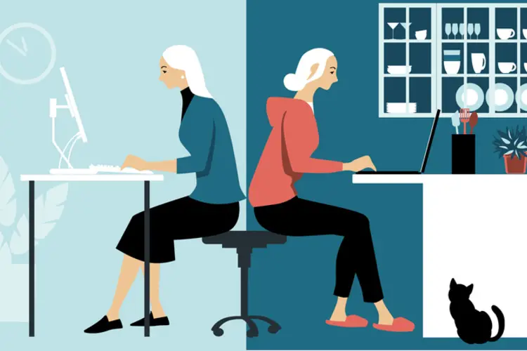 An illustration of people working in an office and from home.