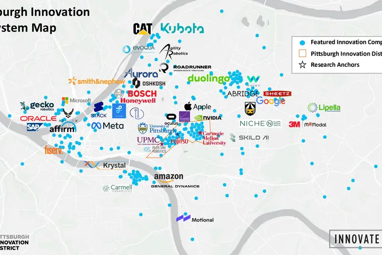 A map of Pittsburgh's Innovation Ecosystem displaying the various startups and companies throughout the city. 