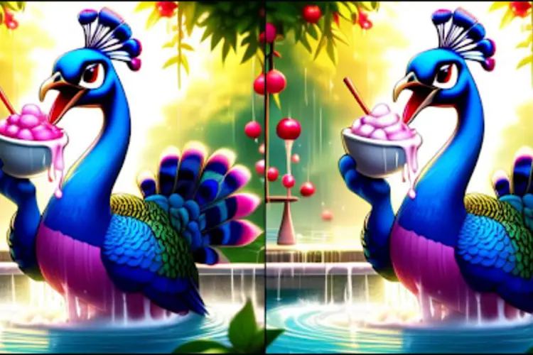 Two AI-generated images of a cartoon peacock eating a bowl of ice cream.