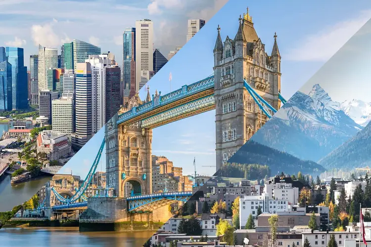 A photo collage showing London, Singapore and Davos.