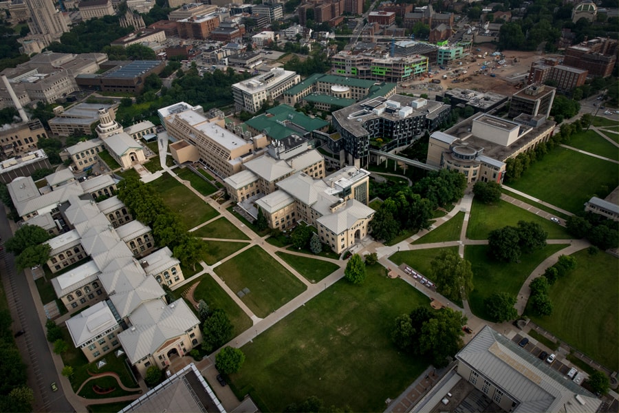 Image of an aerial view of CMU's campus