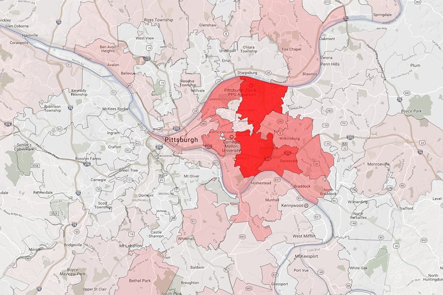 Image map generated using data collected on foul odors in the Pittsburgh region