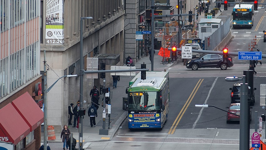 Image of a busy downtown Pittsburgh street