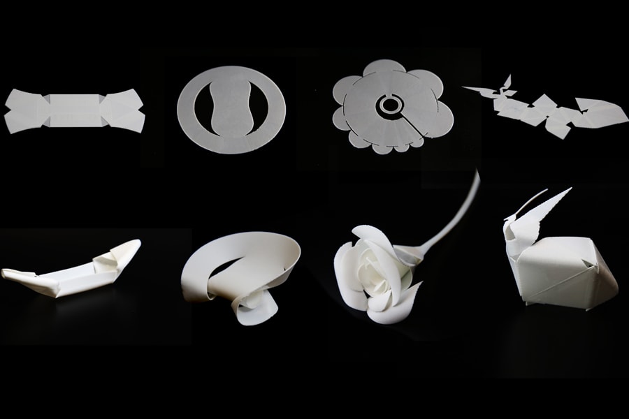Image of 3D printed objects in their flat and folded versions