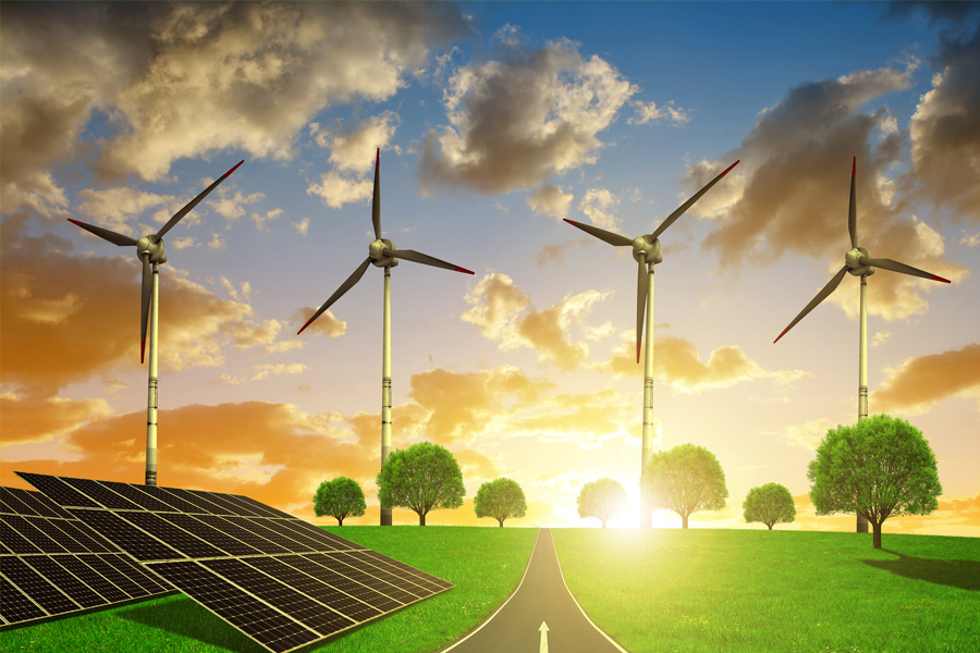 Image of wind turbines and solar panels