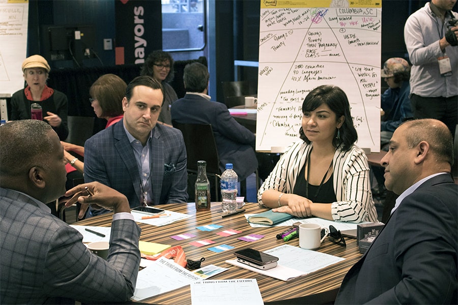 Mayor Steve Benjamin of Columbia, South Carolina participates in a game of "The Thing From The Future"