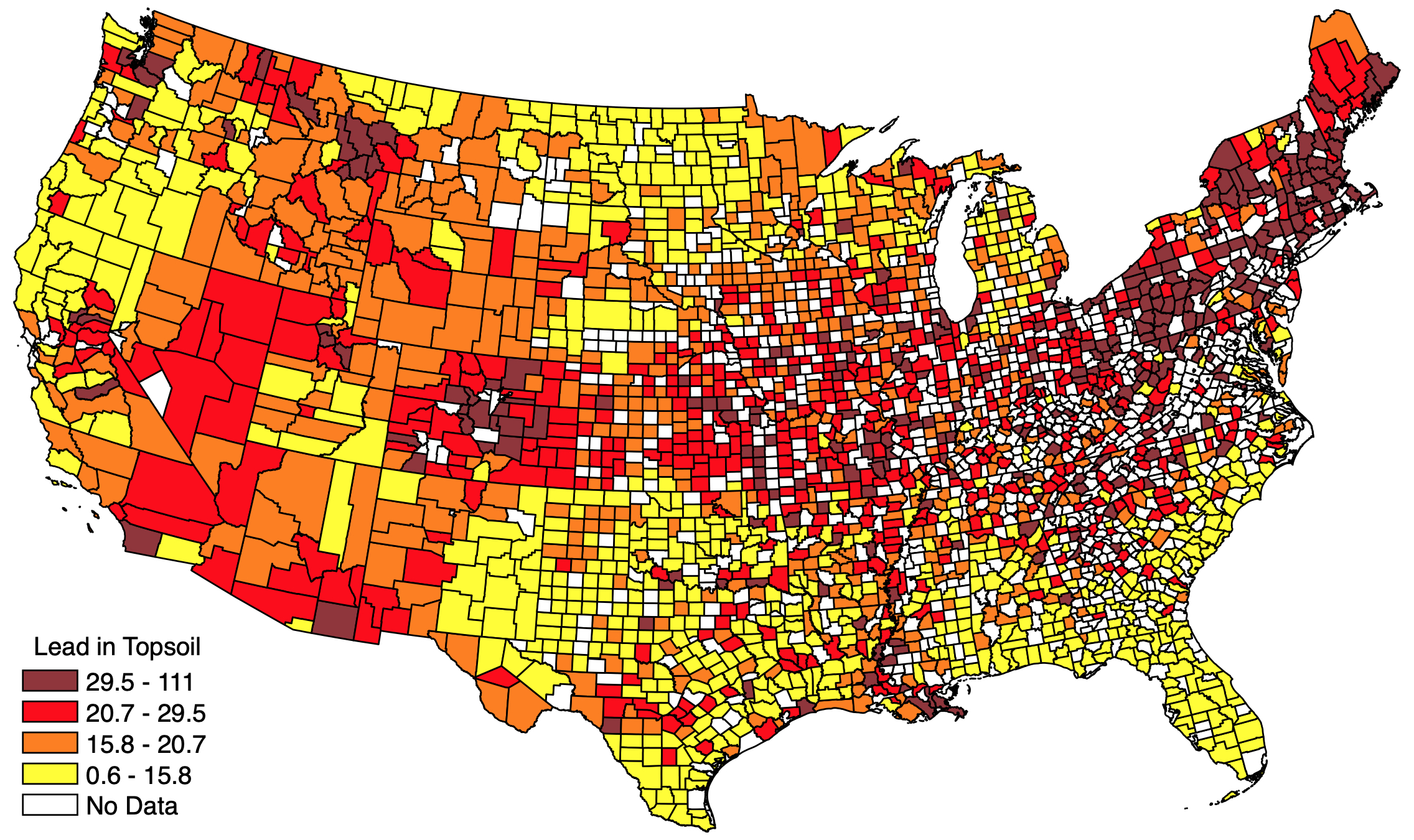 Image of a map showing lead in soil across U.S.