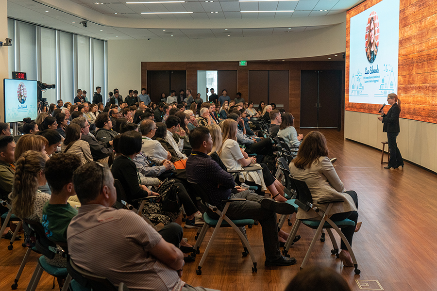 A photo of interns and their families at Salesforce.