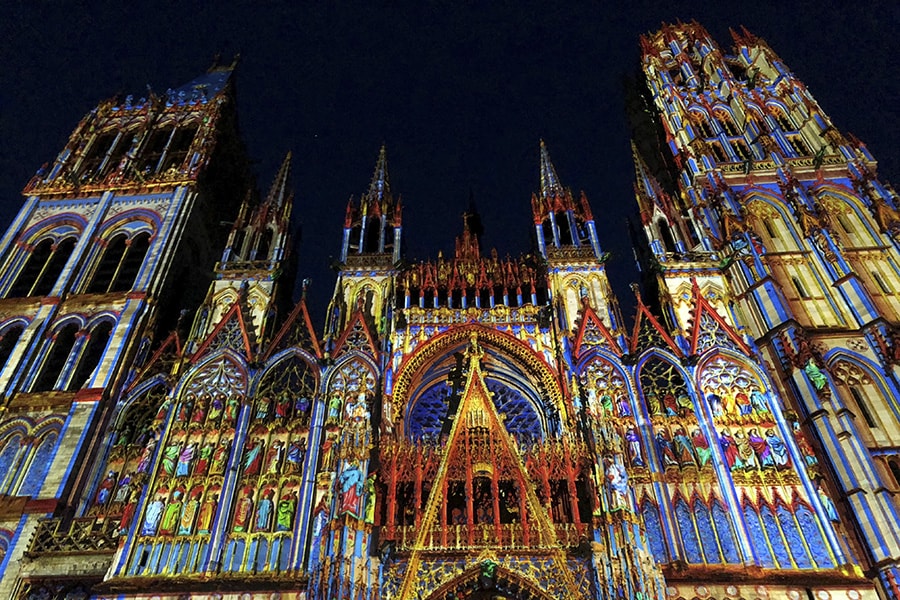 An illuminated cathedral in France