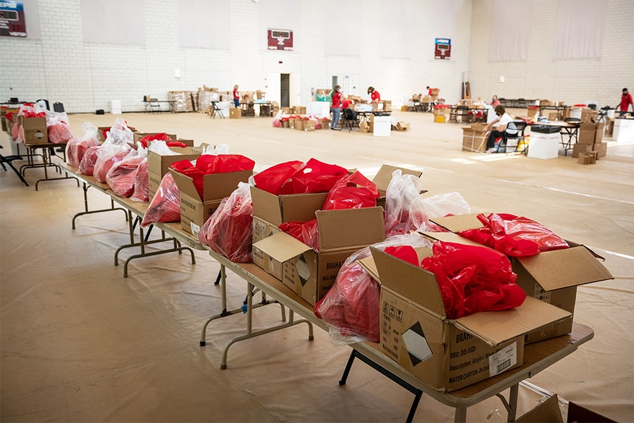 Image of kits on wooden tables in Weigand Gym