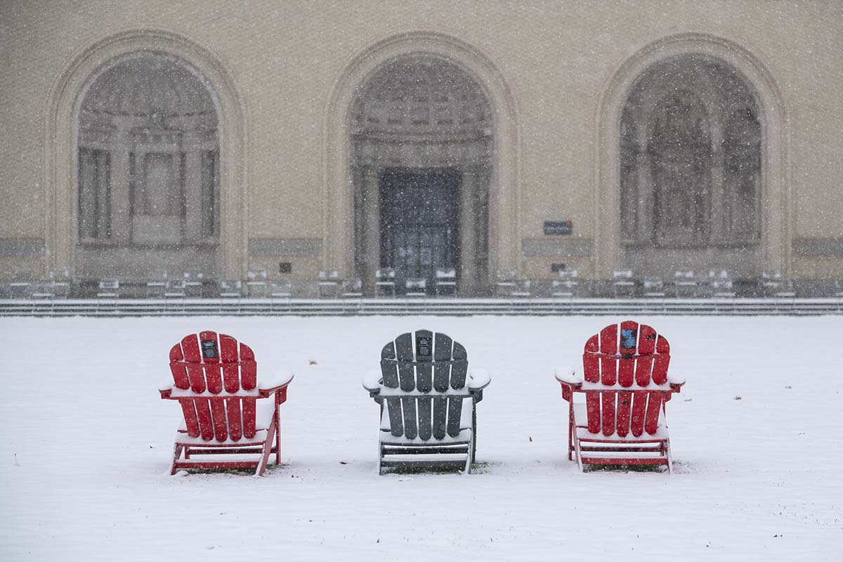 Three chairs covered in snow