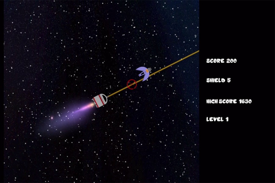 A capture of a video game screen that has a space ship shooting at an alien ship and has several scores along the side.