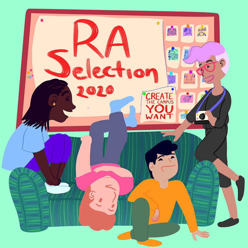 illustration of students of different genders and ethnicities in front of a billboard advertising RA applications