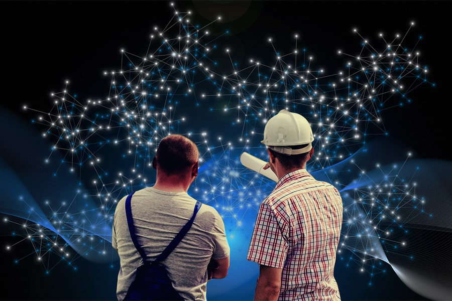 A photo illustration depicting construction workers in front of a data cloud
